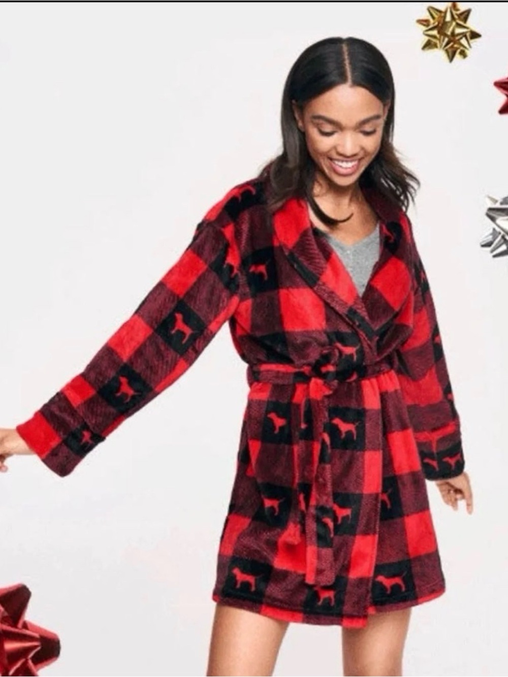 NWT Victoria's Secret Pink RED PLAID DOGY Soft Fleece Plush Robe XS/S Cozy